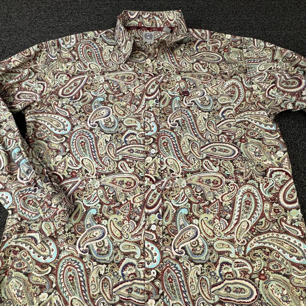 Cinch Shirt Mens XL Brown Paisley Long Sleeve Button Up Cotton Casual Collared